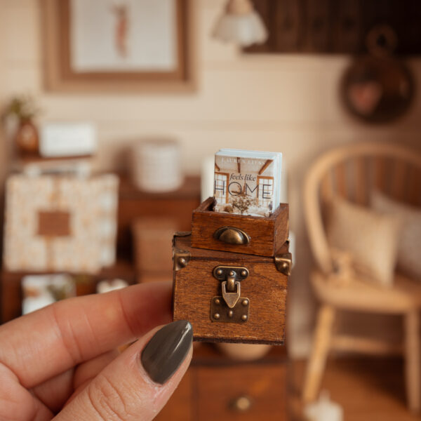 Baules de madera con broche dorado y cajón con libros
