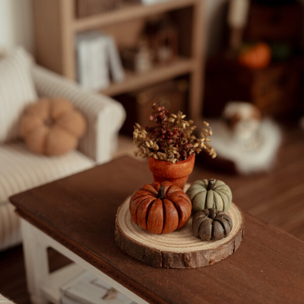 Calabazas (3) y tiesto con hierbas sobre madera