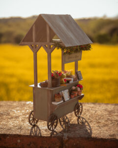 Miniatura de parada de libros y rosas de Sant Jordi hecha de madera.